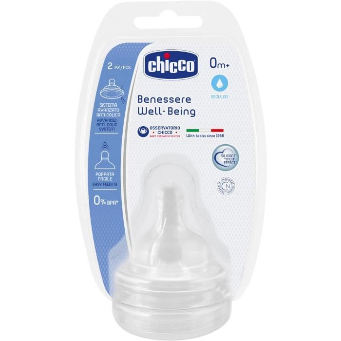 CHICCO Tétine Physiologique Anti-coliques Silicone Flux normal - x2 - 0m+