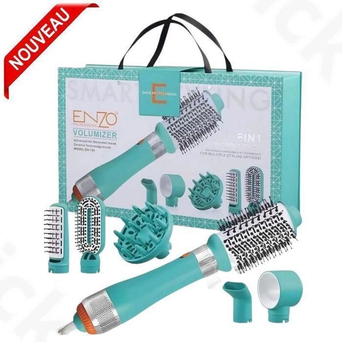 Brosse Soufflante - Enzo - EN 750 - 6-en-1 - Technologie ionique - Accessoires interchangeables