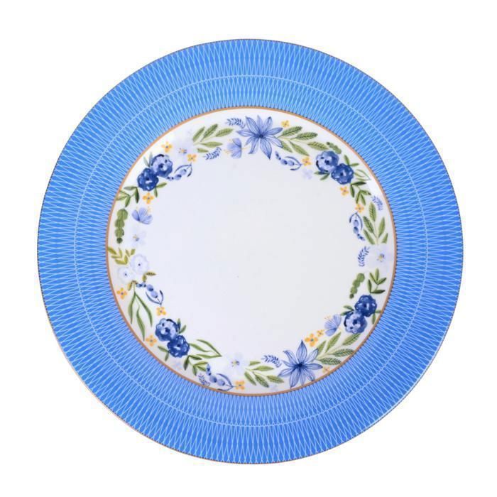 Assiette - FLOWERS - Moyenne - Céramique - Bleu et blanc - Motif fleuri avec bordures dorées - 26cm