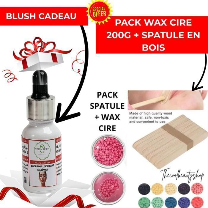 pack wax cire 200g + Spatule en bois abaisse-langue masque jetable 100 pcs (wax multicolors) + Blush cadeau
