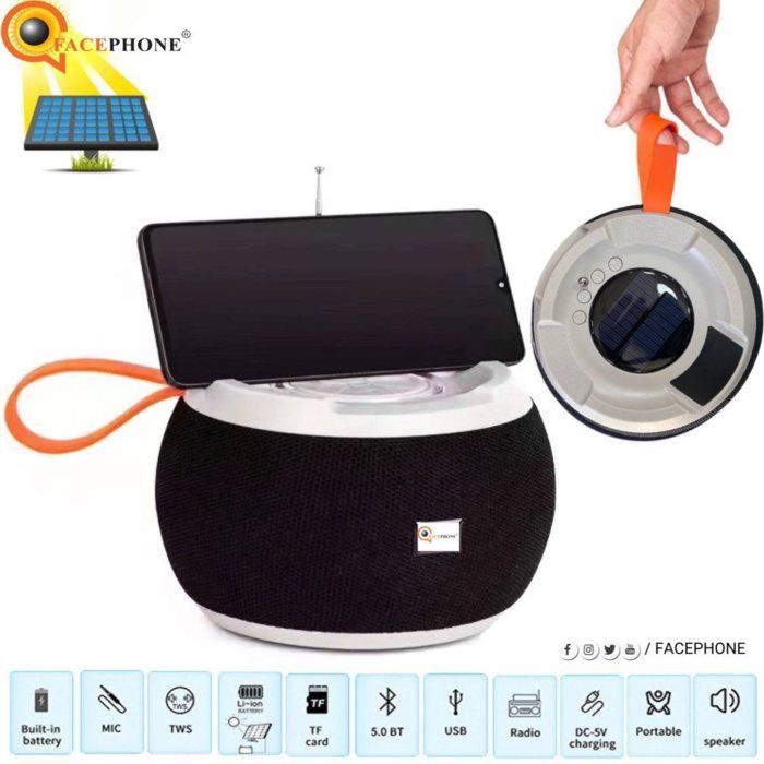 Enceinte Mobile - FACEPHONE - Bluetooth - Panneau Solaire - Sans Fil - Noir