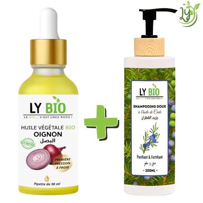 LYBIO PACK HUILE OIGNON 50ML - PIPETTE + SHAMPOOING A L'HUILE DE CADE 200ML - PURIFIANT & FORTIFIANT