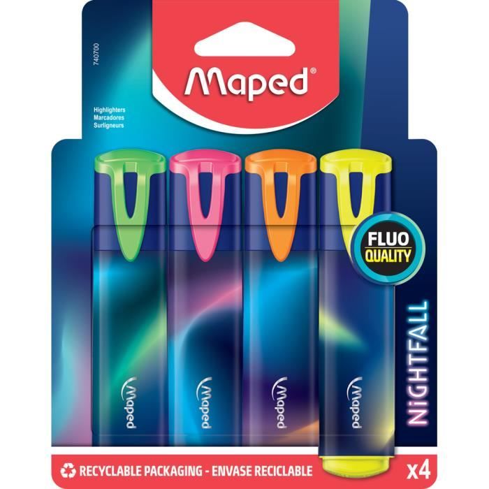 Maped - 4 surligneurs NIGHTFALL - Surligneurs Pointe Biseautée - Couleurs Fluo Jaune, Rose, Orange et Vert