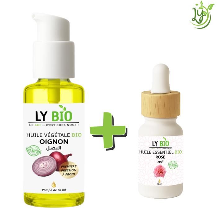 LYBIO PACK HUILE OIGNON 50ML - POMPE + HUILE ESSENTIEL ROSE 10ML