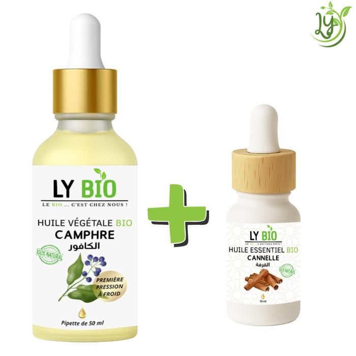 Pack Huile Camphrée 50ml - LYBIO - Huile Essentielle Cannelle 10ml - Antibactérien - Tonifiant - Mixte
