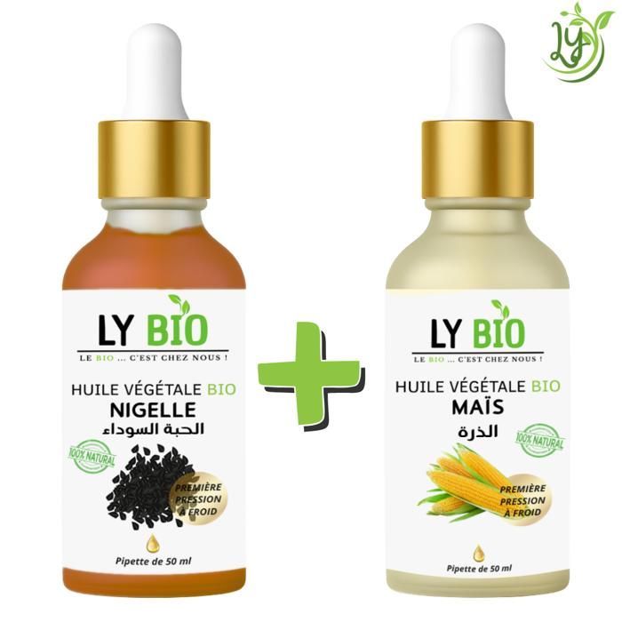 Pack de soins - LYBIO - Huile Nigelle 50ml - Pipette - Huile Maïs 50ml - Pipette - Nourrissant