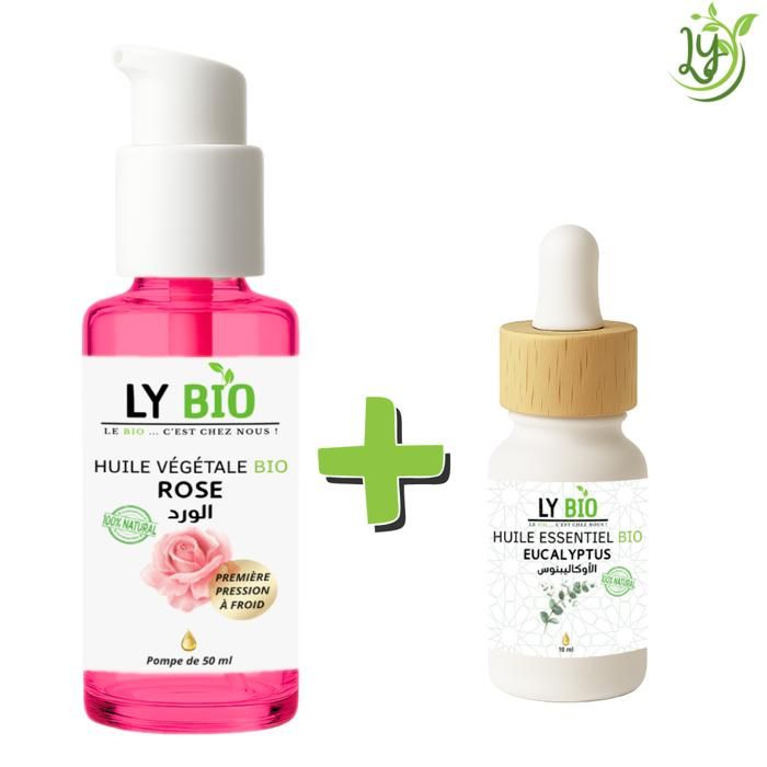 Pack de soins - LYBIO - HUILE ROSE 50ml - POMPE - HUILE ESSENTIEL EUCALYPTUS 10ml - Hydratant