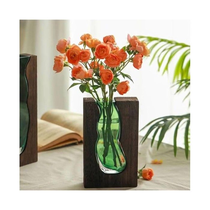 Vase décoratif - 17-8 - Bois et verre - Vert - 14.5x24cm - Contemporain