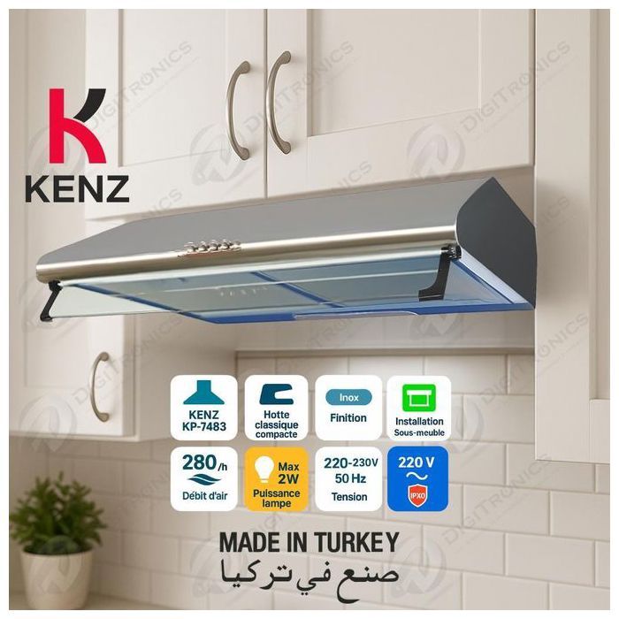 Hotte aspirante Inox 60 cm, éclairage intégré, fabrication Turquie, KP-7483