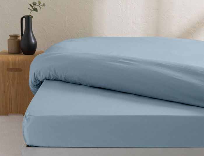 Drap Housse - LINVOSGES - B.35 - 160x200 cm - Percale de Coton - Bleu Brume