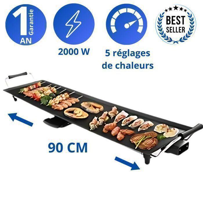 Planche de Cuisson Électrique - Robolux - 90 cm - Antiadhésif - 2000W - Griller/Rôtir/Cuire