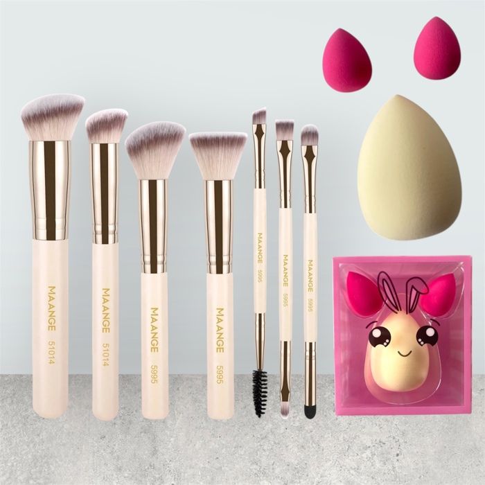 Set de Pinceaux de Maquillage - MAANGE - 7 Pinceaux + 3 Éponges - Multicolore - Professionnels - Doux