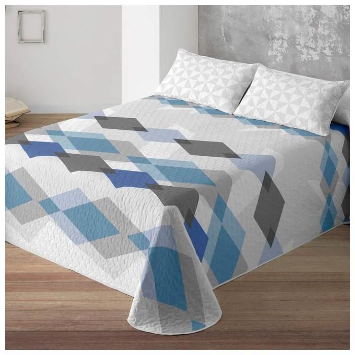 Couvre-lit boutis double face Bleu Geometrique UNIFABRICS comprend 2 Housses d'oreillers 250x270 cm