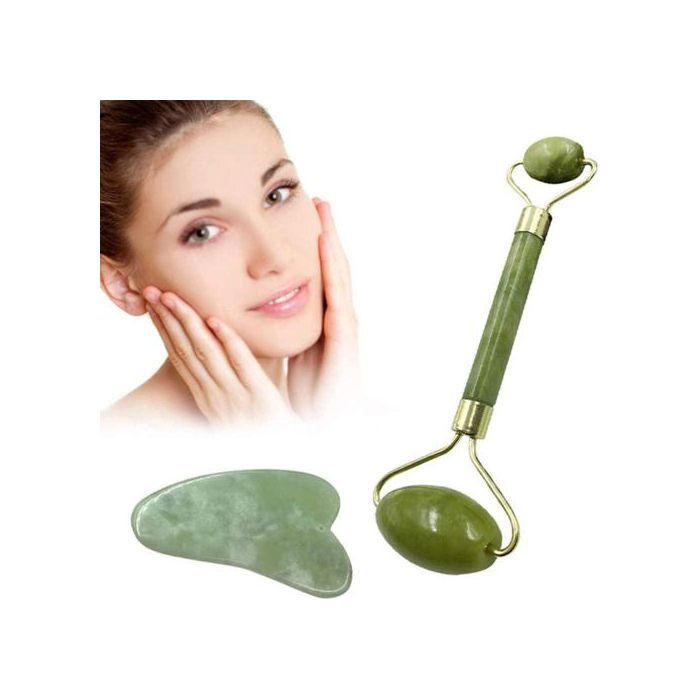 Lot de 2 rouleaux de jade et Gua Sha Board Visage Minceur Outil de Massage Anti-âge