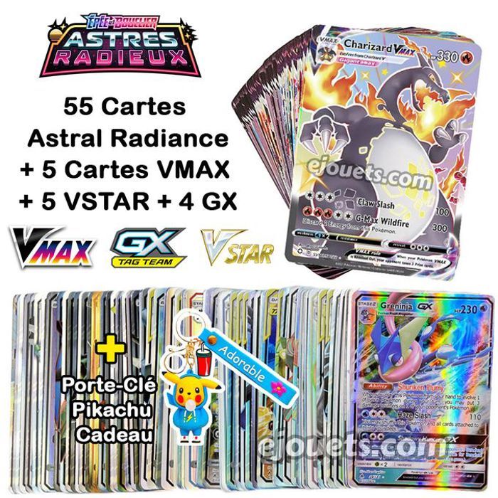 Lot de 64 Cartes Pokémon Astres Radieux, avec des Cartes VMAX, VSTAR et GX Brillantes, un cadeau exceptionnel