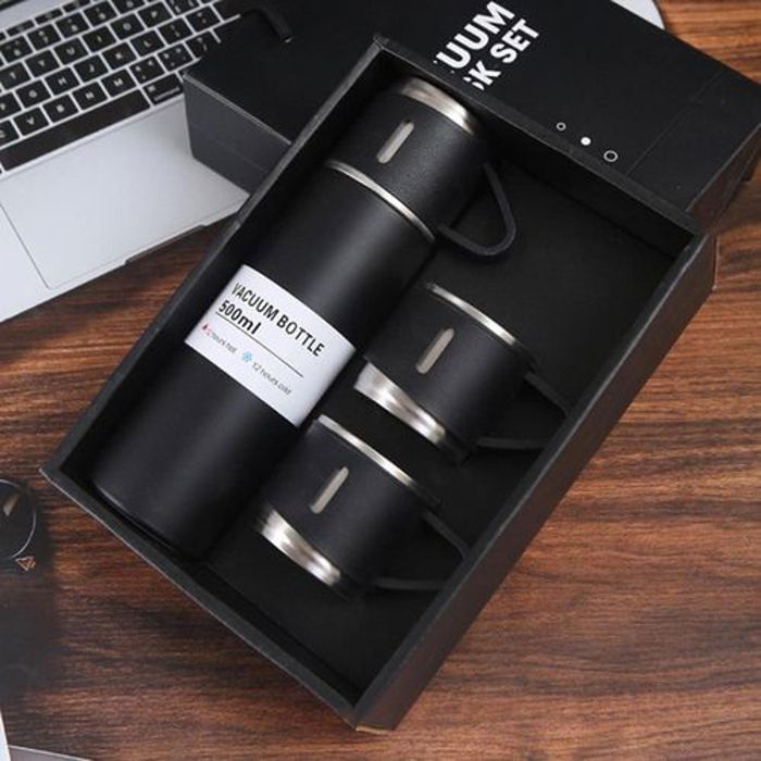 VACUUM FLASK Thermos avec 3 tasses en Inox, Bouteille isotherme en acier inoxydable pour boissons chaudes et froides -noir