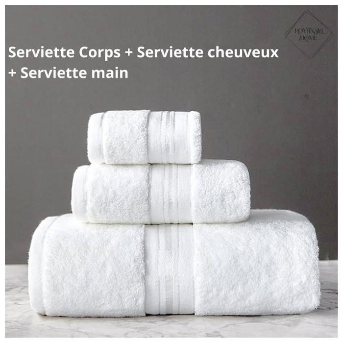 Pack de Serviettes - ROYANSIA HOME - 3 pièces - Coton Naturel - Lavable - Blanc