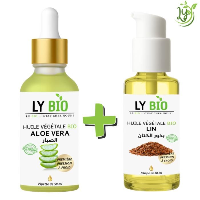 Pack Huile Aloe Vera 50ml - LYBIO - Huile Lin 50ml - Hydratant - Mixte - Tous types de cheveux