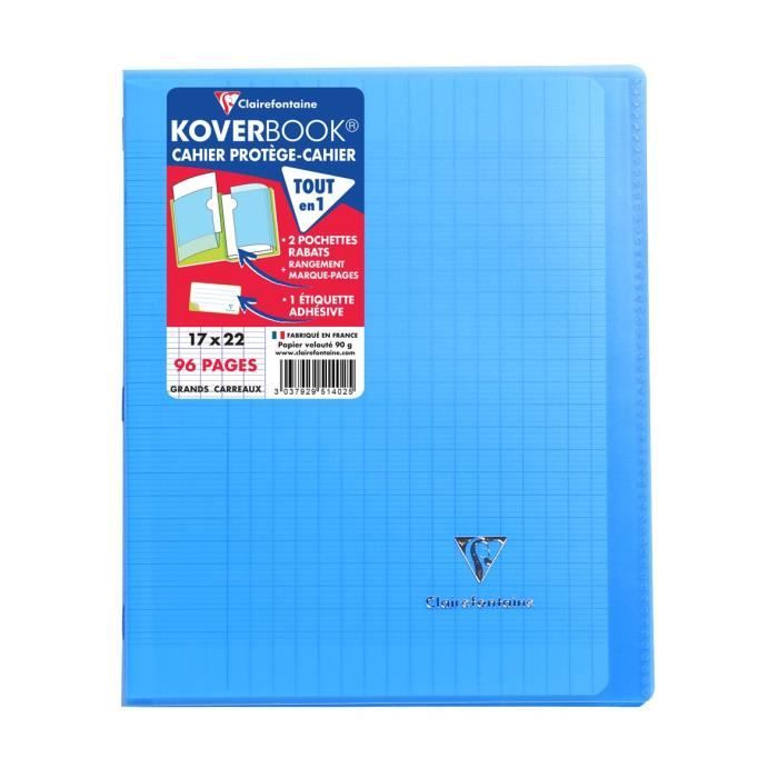 CLAIREFONTAINE - Cahier piqûre KOVERBOOK - 17 x 22 - 96 pages Seyès - Couverture Polypro translucide - Couleur bleue