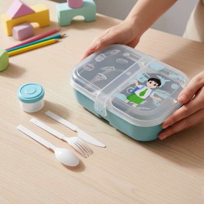 Lunch box à deux compartiments on inox -couverts en plastique alimentaire-boite à sauce.