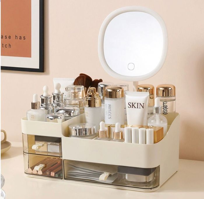 Organisateur cosmétique chic de style tiroir avec miroir – Boîte de rangement de maquillage portable pour soins de la peau