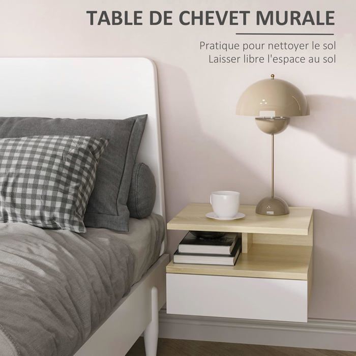 Tables de Chevet - TWINSDECOR - Lot de 2 - Bois Massif - Design Mural Flottant - 1 Tiroir