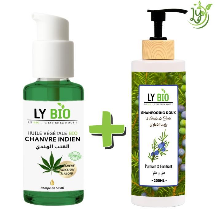 LYBIO PACK HUILE CHANVRE 50ML - POMPE + SHAMPOOING A L'HUILE DE CADE 200ML - PURIFIANT & FORTIFIANT