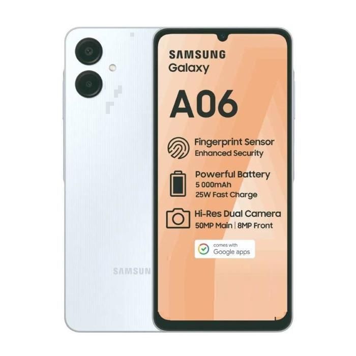 Samsung Galaxy A06 – Smartphone 6,7" – 64 Go, 4 Go RAM, Appareil Photo 50MP – Bleu Clair