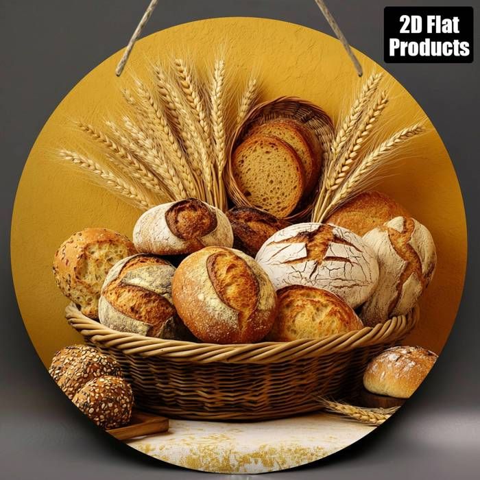 2D Plat  Panier à Pain Vintage Ronde Art Mural en Bois - 20,32 x 20,32 cm Décoration Rustique pour Cuisine, Café, Maison, Bureau -
