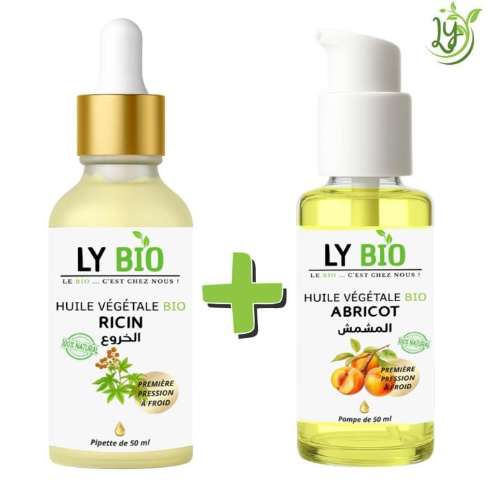 Pack Huile Ricin et Abricot - LYBIO - 50ml - Pipette - Pompe - Soin Hydratant