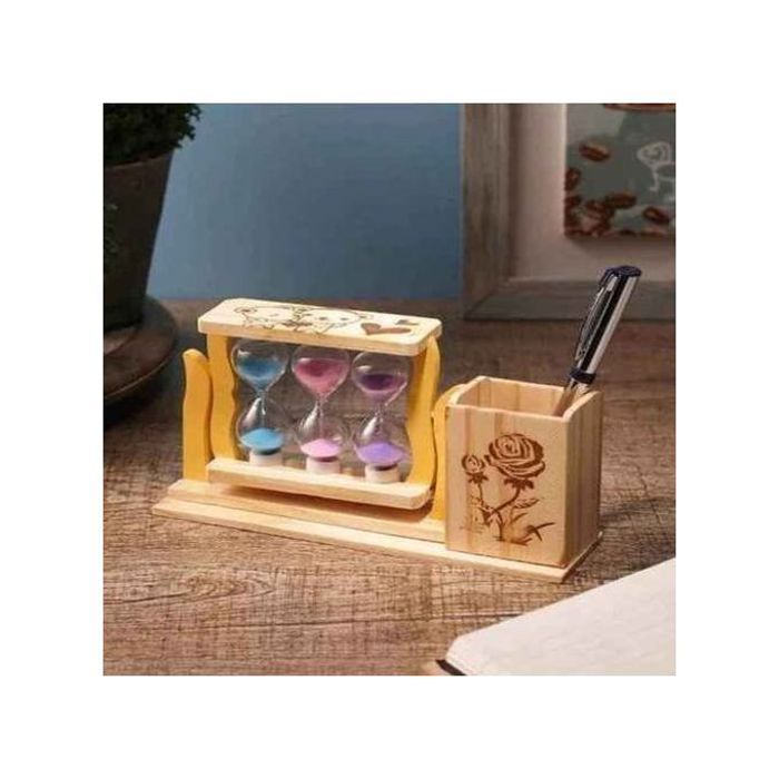 Trio sablier porte-stylo en bois