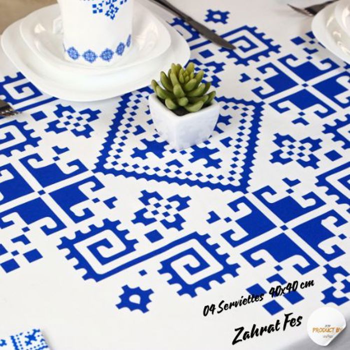 Nappe de Table "Zahrat Fès" 140x200 cm + 4 Serviettes 40x40 cm - Bleu