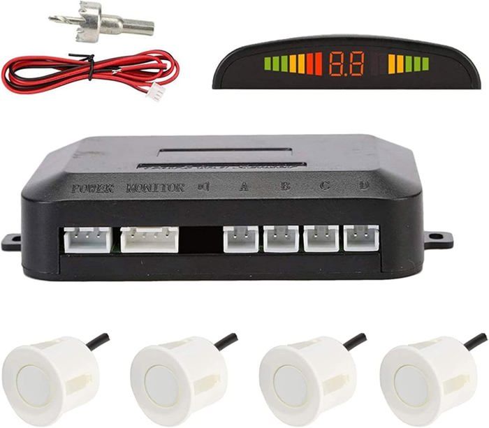 Radar de Recul, Kit Système d'Auto Aide au Stationnement Beeper Ecran LED Numérique-Comprenant 4 Capteurs-Blanc