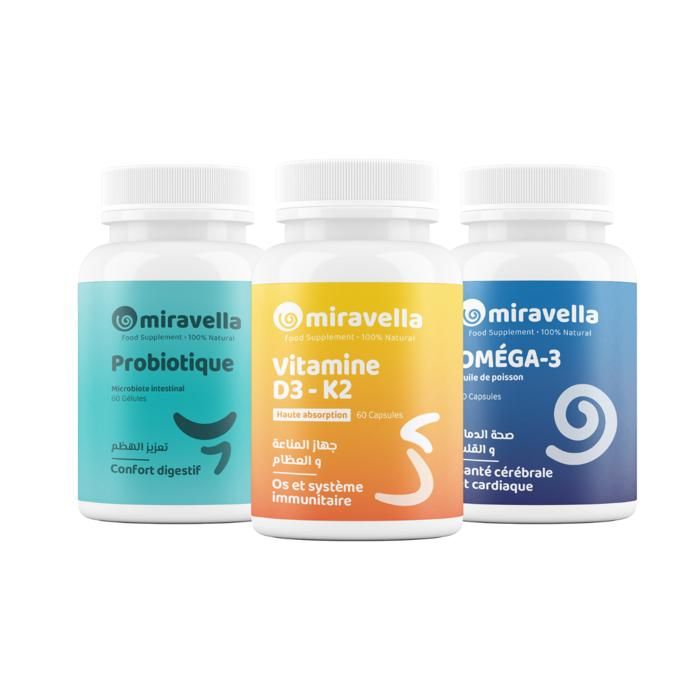 Pack Immunité & Énergie Miravella Complément Alimentaire - Oméga 3, Vitamine D3-K2 et Probiotique