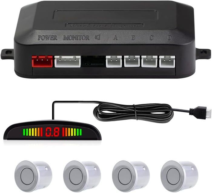Radar de Recul Voiture, Aide au Stationnement avec 4 Capteurs de Stationnement Arrière avec Buzzer Affichage LED, gris