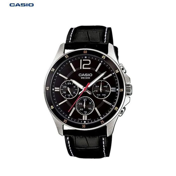 Casio Montre Homme 6 Aiguilles bracelet Cuir Noir Cadran noir Etanche-mtp-1374l-1avdf
