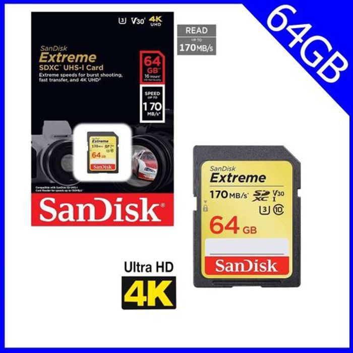 sandisk Carte memoire 64GB Extreme SDXC UHS-I U3 4K uhd vitesse de lecture jusqu'à 170 Mo/s