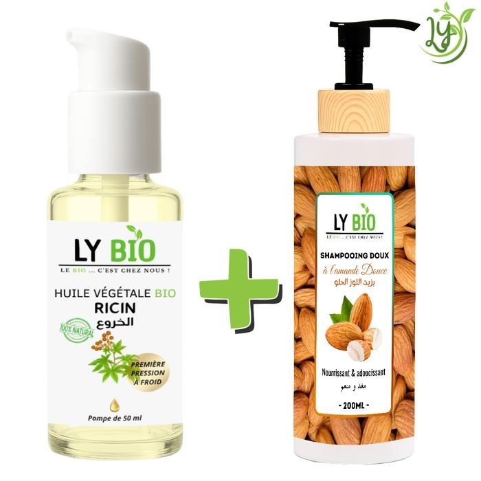 Pack de soins capillaires - LYBIO - Huile de ricin 50ml - Shampooing amande douce 200ml - Nourrissant