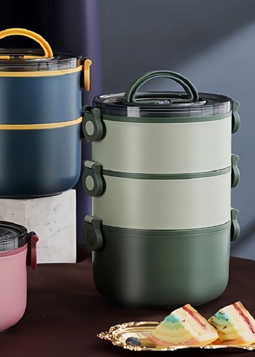 Lunch box 3 niveaux ronde intérieur inox et extérieur plastique alimentaire sans BPA couleur verte  3 niveaux