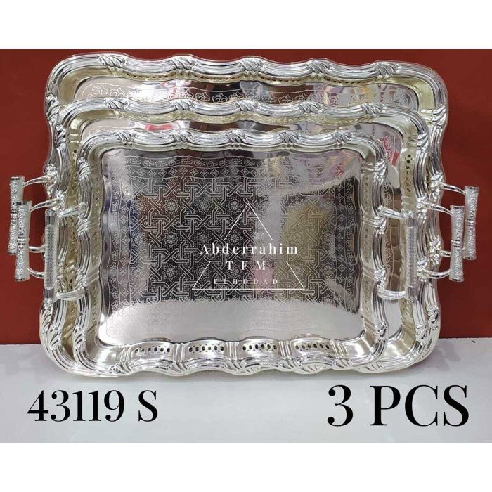 Lot de 3 Plateaux de Service Marocains Rectangulaires en Métal Argenté - Réf. 43119S
