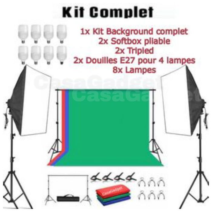 Kit studio 2 Softbox 50x70cm ,8 lampes, Background studio photographie video 3 couleurs