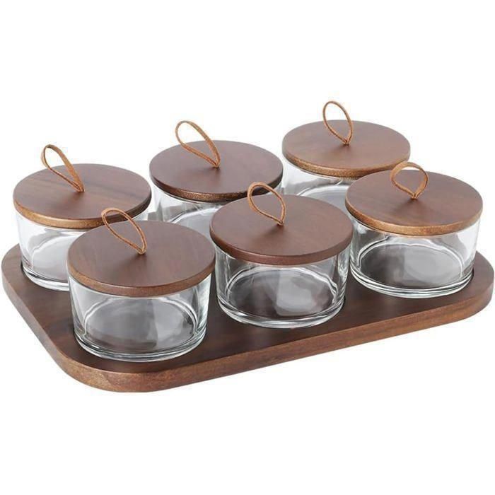 Accessoires de cuisine - AYA HOME - Présentoir plateau 31/21cm - 6 bocaux en verre - Couvercles en bois - Noir