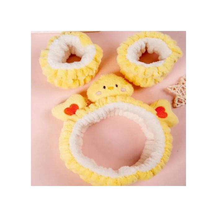 Bandeau de cheveux en peluche  jaune + Bande De Lavage Absorbante Pour Poignet