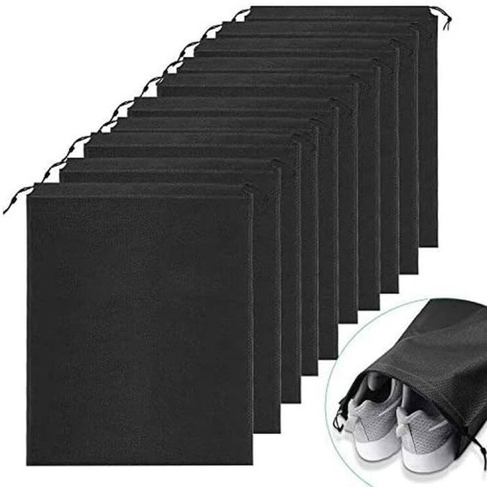 Lot de 12 sacs à chaussures de voyage avec corde, Noir 12 pièces
