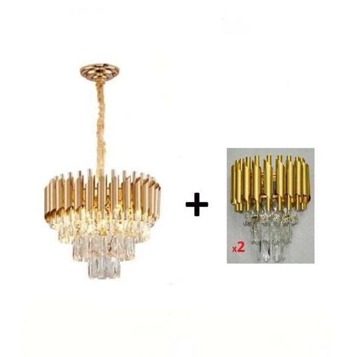 Lustre Suspension cristal moderne Doré Diamètre 30cm + 2 Appliques design (lot)