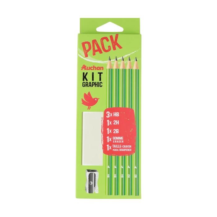 Set 5 crayons graphite + gomme + taille-crayon Auchan