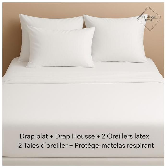 Pack Luxe Latex - ROYANSIA HOME - 160x200cm - Drap plat + Drap Housse + 2 Oreillers latex - Protège-matelas