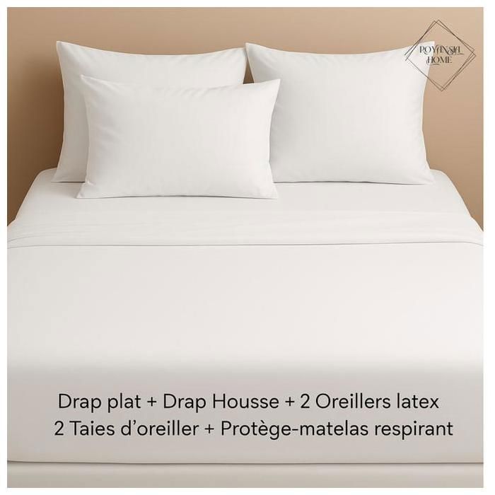 Pack Luxe Latex - ROYANSIA HOME - 140x190cm - Drap plat + Drap Housse + 2 Oreillers latex - Protège-matelas