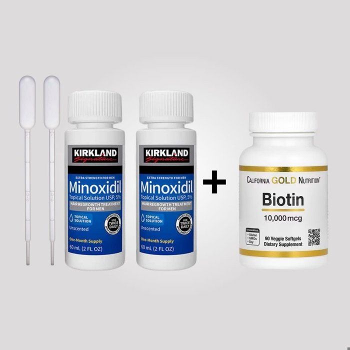 Minoxidil 5% Kirkland : 2 bouteilles de 60ml Traitement anti-chute de cheuveux + Biotin 10.000mcg Original USA