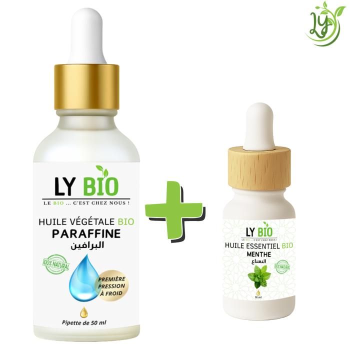 Pack de soins - LYBIO - HUILE PARAFFINE 50ML - PIPETTE - HUILE ESSENTIEL MENTHE 10ML - Hydratant